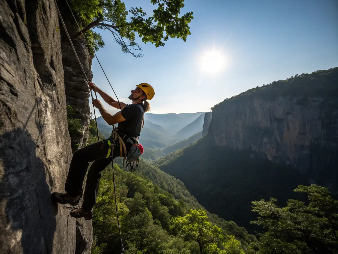 An image of climbers on a mountain cliff with safety gear, highlighting active participation in mountain sports.