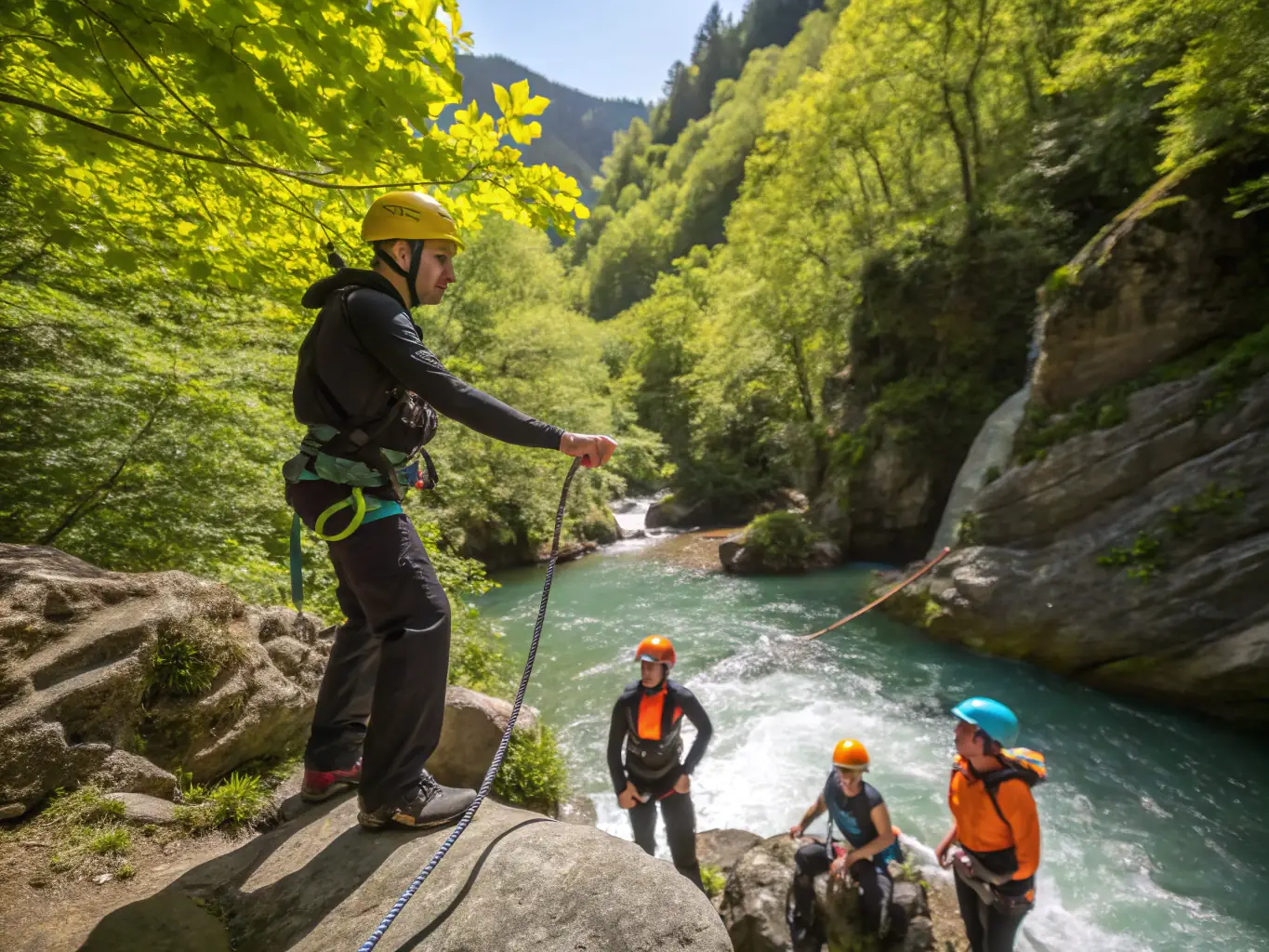A photograph of participants actively engaged in a Mountain Safety Workshop, demonstrating practical skills and learning safety protocols.