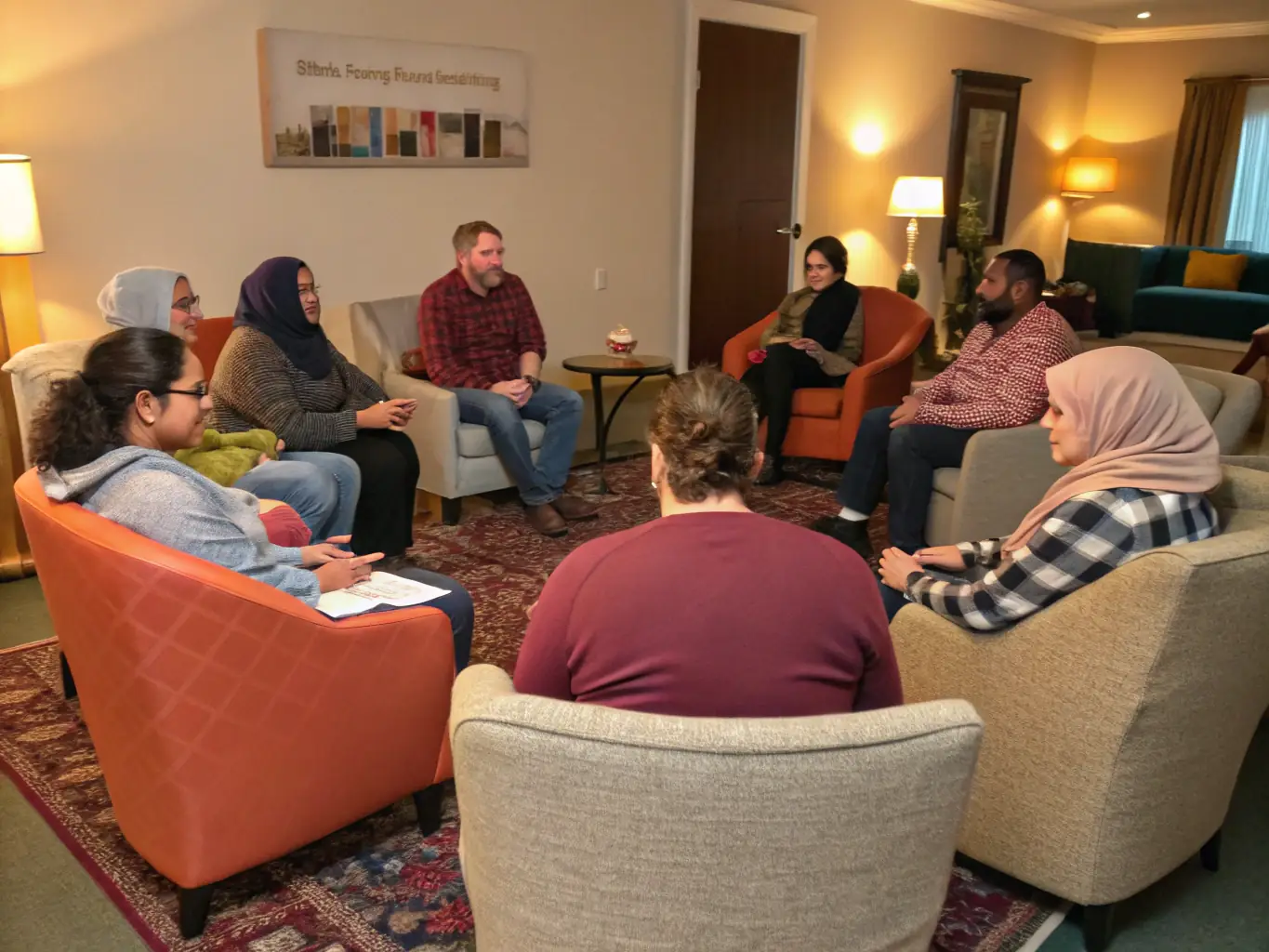 A photograph depicting a support group session facilitated by Mouvement du Nid, showing individuals engaged in a discussion, with a social worker present to guide the conversation. The setting is a safe and welcoming space, emphasizing the organization's commitment to providing comprehensive support services.