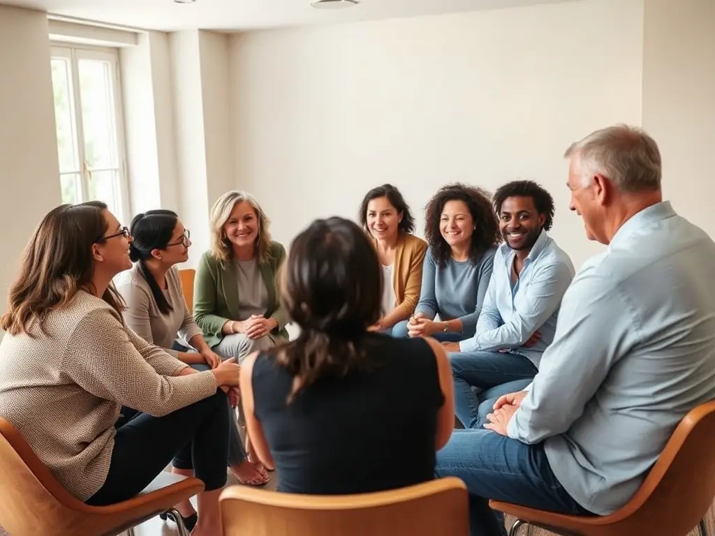 A photograph depicting a group of individuals participating in a support group session, facilitated by Mouvement du Nid, showing them engaged in a discussion with a social worker. The setting is a warm, inviting space, symbolizing the safe and supportive environment provided by the organization.