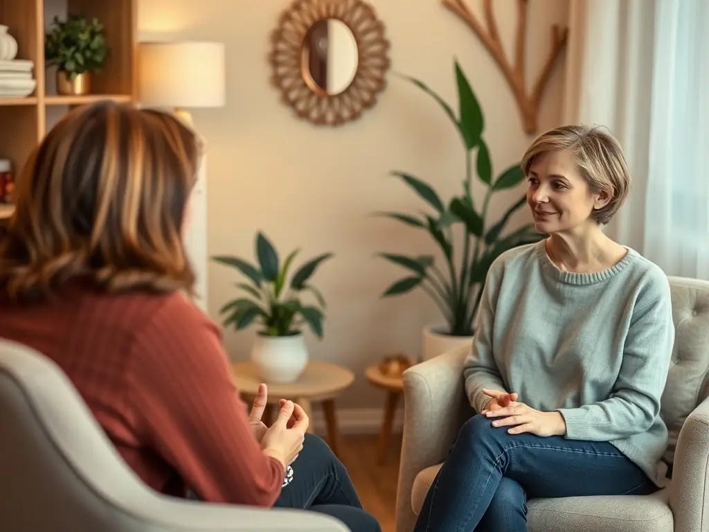 A compassionate counselor offering support to an individual in a safe, welcoming environment, symbolizing MDN's commitment to providing emotional and psychological support.