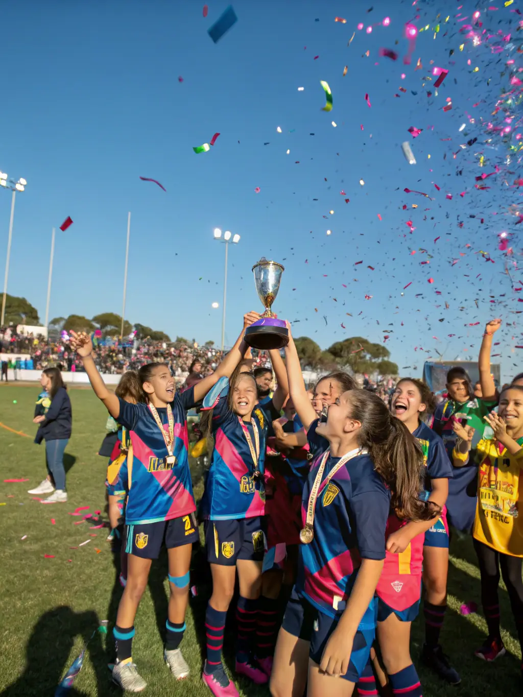 A photo of D.U.C. members celebrating a victory after a local sports tournament, emphasizing the camaraderie and competitive spirit within the club.