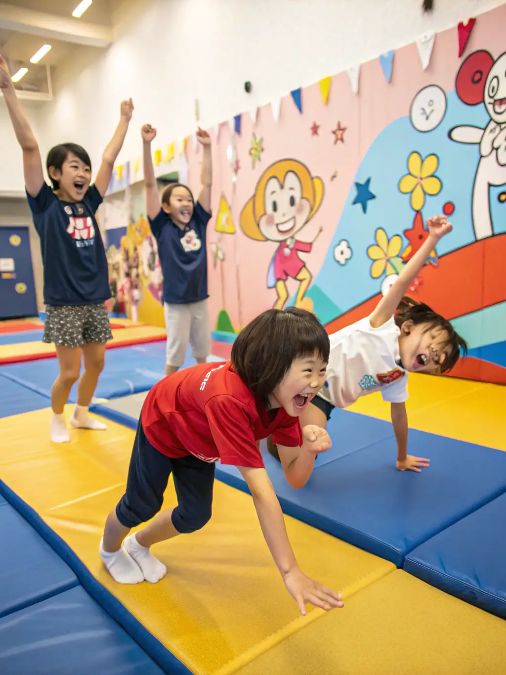 A vibrant image of children participating in a gymnastics class at D.U.C., showcasing their flexibility and coordination under the guidance of an instructor.