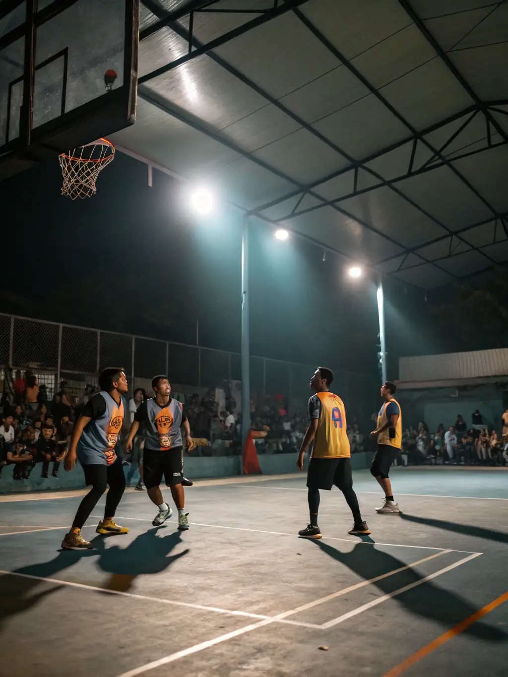A dynamic photo of adults playing basketball in a well-lit gymnasium, emphasizing teamwork and active engagement during a D.U.C. basketball session.