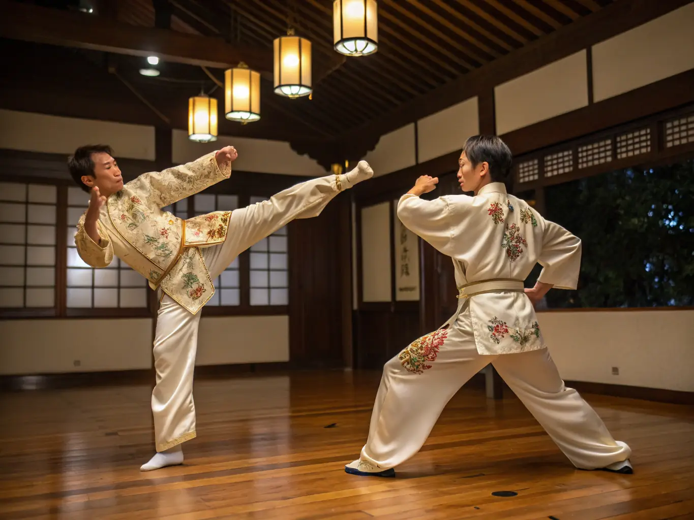A dynamic image of individuals practicing various martial arts techniques in a dojo setting, highlighting the discipline and skill involved in the club's martial arts programs.