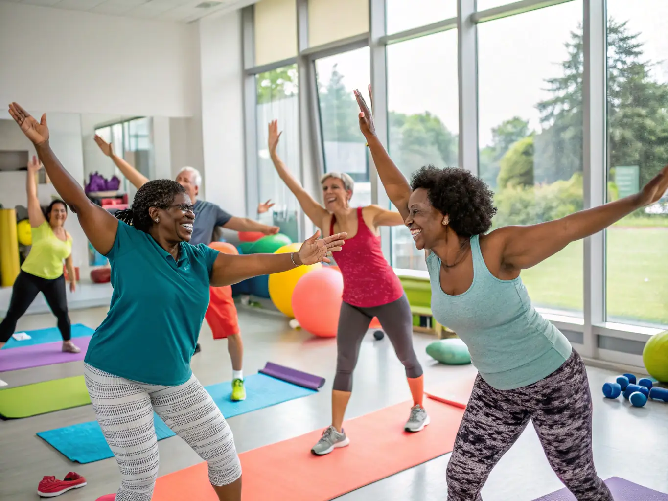 A photograph of a group of adults participating in a fitness class at the D.U.C. gym, demonstrating the club's commitment to adult fitness and well-being.