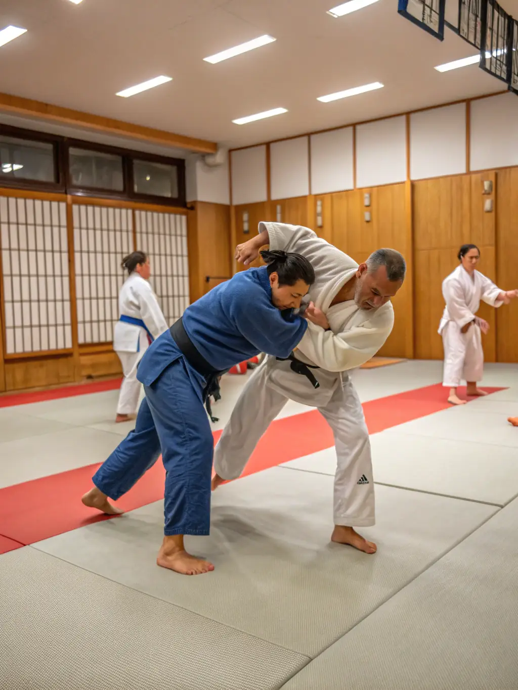 An inspiring image of individuals practicing judo techniques under the supervision of a qualified instructor at the D.U.C. dojo.