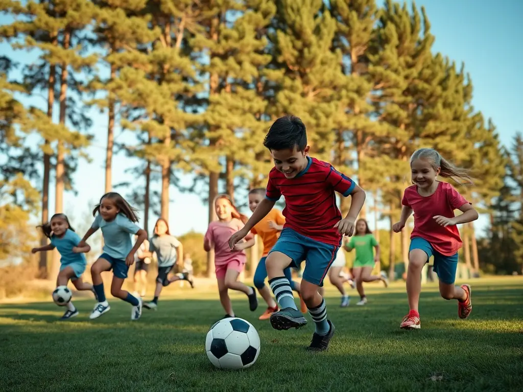 An image of children and adults participating in a soccer match on a well-maintained field, showcasing active engagement and teamwork, representing the Sports Programs offered by D.U.C.