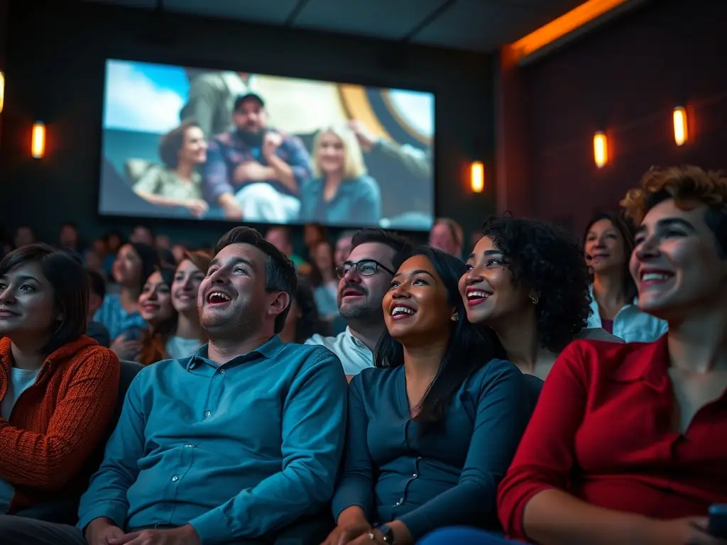 A captivating image of a film festival screening, showcasing a diverse audience engrossed in a thought-provoking film, highlighting the cultural richness promoted by ASSOCIATION 100%.