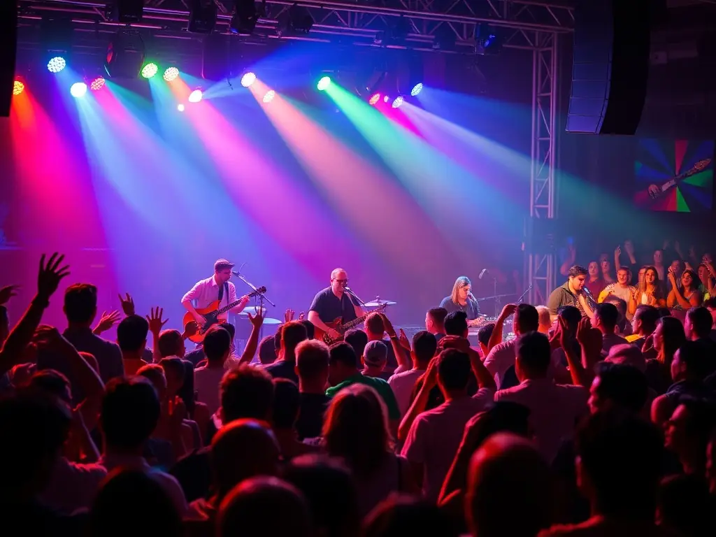 A dynamic photograph capturing the energy of a live music performance at a recent ASSOCIATION 100% event, with a diverse crowd enjoying the show under stage lights.