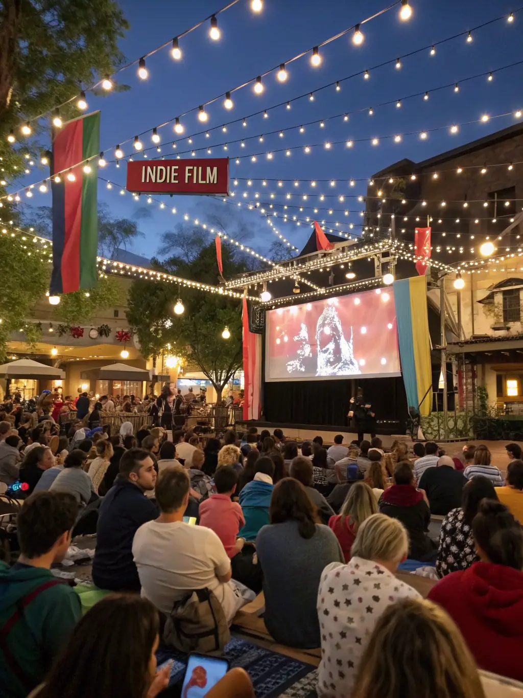 A photograph capturing a scene from the ASSOCIATION 100% film festival, showing a diverse audience watching a film screening outdoors at night, with the festival logo subtly displayed.