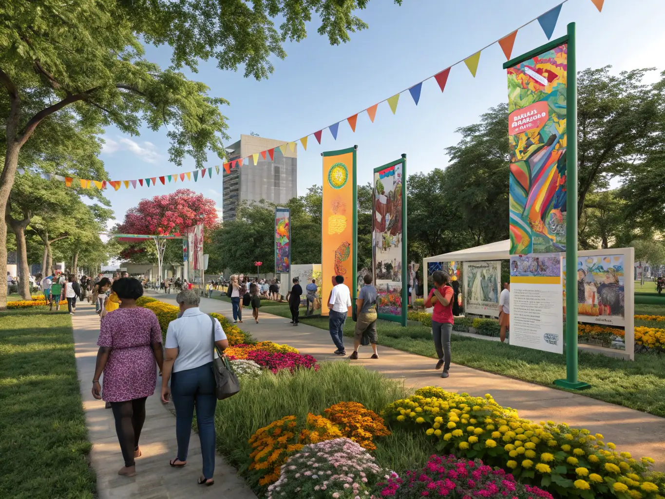 A visually stunning photograph of an outdoor art exhibition organized by ASSOCIATION 100%, featuring various art installations and sculptures, with people interacting and appreciating the artwork.